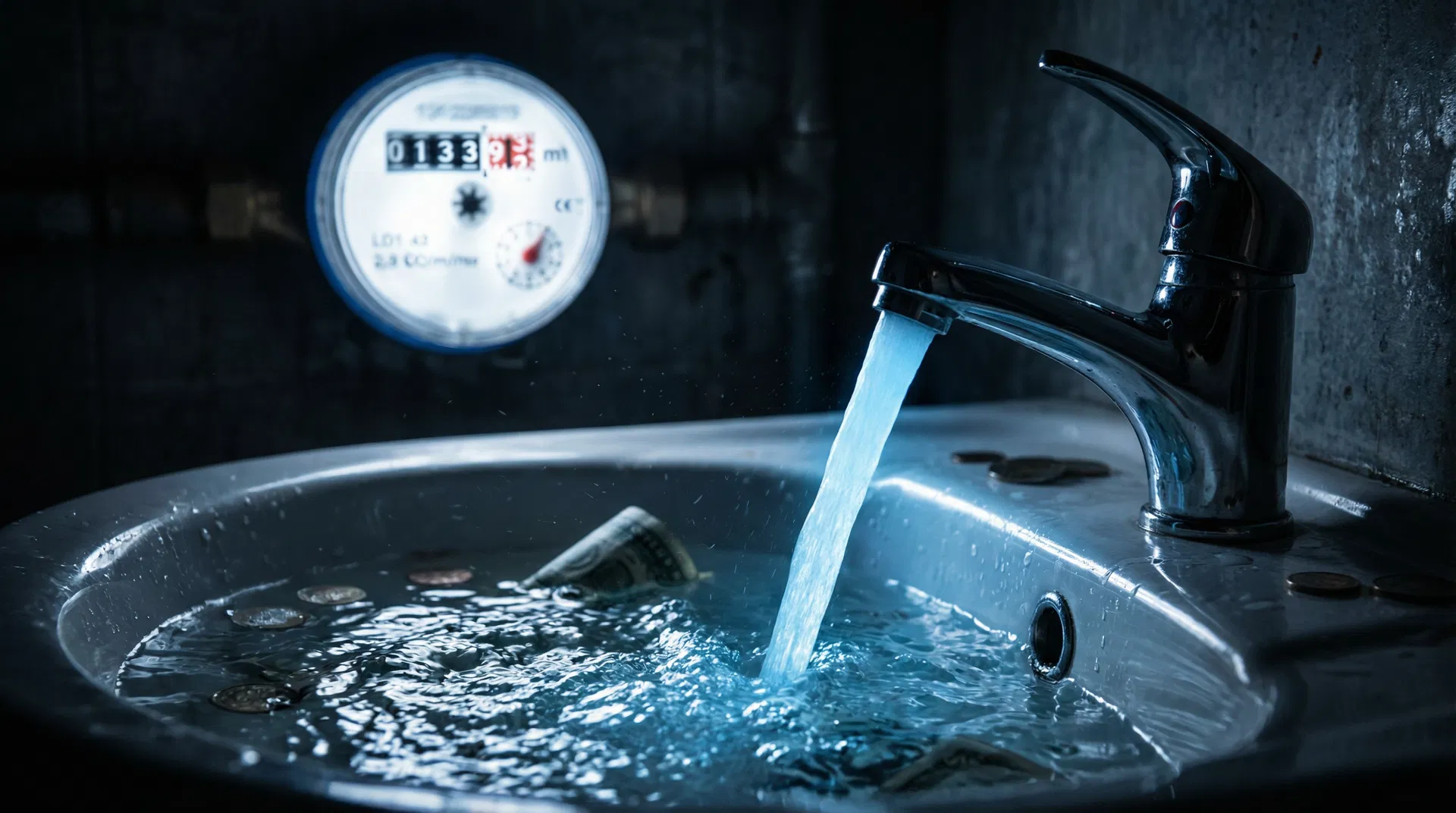 Water running from tap with meter — money being wasted
